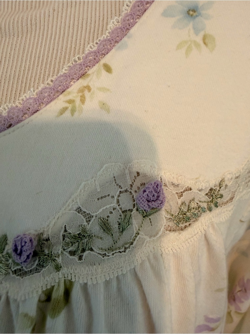 Women's vintage Cream Floral Long Nightgown with Lavender Trim - Picture 5 of 14